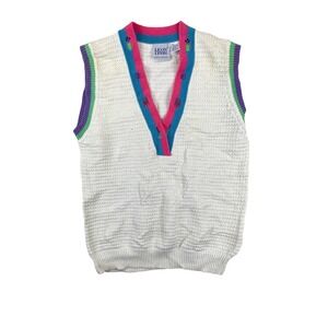 Leon Levin Hand Loomed Knit Sweater Vest Women's S White Pink Blue  Ramie VTG